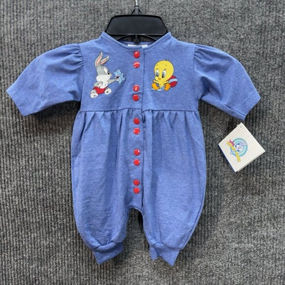 Looney Tunes Other - Vintage Baby Looney Tunes Romper Size 0-3 Months Blue Embroidered Snap 90s NEW